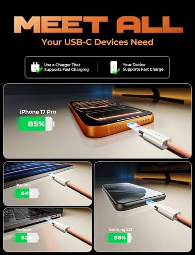 Image of LISEN USB C Cable, 5-Pack [3.3 /3.3 /6.6 /6.6 /10FT] Orange for iPhone 17 Charger Cord, 60W C to C Cable Fast Charging for iPad, iPhone 17 Air 16 15 Pro Max, Samsung Z Flip 7 /S25 /S24