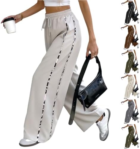 Casual Pants for Women High Waisted Side Print Stitching Drawstring Trousers Contrast Loose Track Pants with Pockets