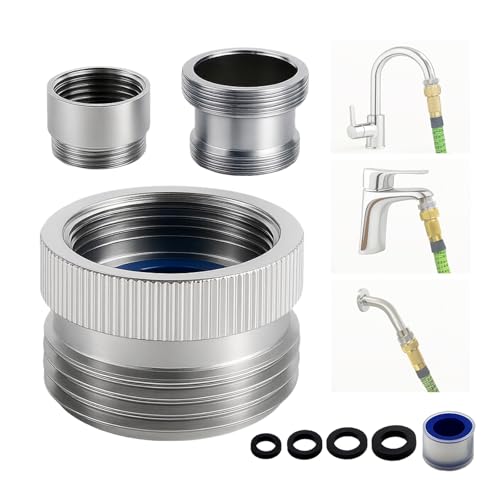 ROOGSIH Faucet Adapter with Aerator, Chrome Brass Sink Faucet to Garden Hose Connector, Fits G1/2' Female, 55/64' Female, and 15/16' Male, Connects to 3/4' GHT Garden Hose, with Washers and PTFE Tape