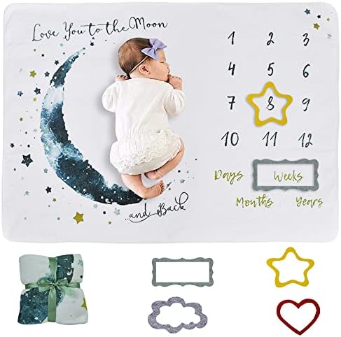 wocharm Baby Milestone Mat Blanket photo prop with floral numbers Newborn Boy Girl Gift(Star&Moon)