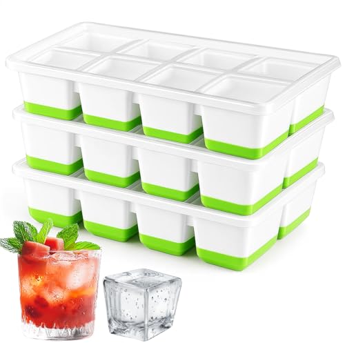 Alinana 3-Pack Silicone Ice Cube Trays with Lid, Stackable Large Silicone Ice Cube Tray, BPA-Free Ice Cube Mould, Easy Release Ice Tray for Cocktails, Whiskey, Juice (Green)