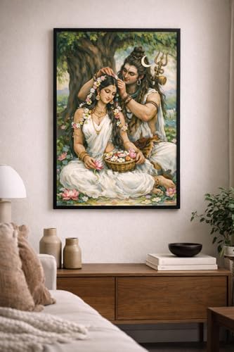 Image of hiva Parvati Love Story Framed Wall Art - 14x10 Inch Religious Hindu God Photo Frame for Home & Pooja Room Decor - High-Definition Sparkle Laminated Finish (Black Frame)