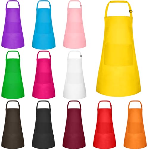 BOUBONI 12 Stück Kinder Schürze mit 2 Taschen Verstellbare Kinderschürze für Jungen Mädchen Kinder Kochschürze Backschürze für Kochen Backen Malen Basteln Grillen Aktivitäten (12 Farben)