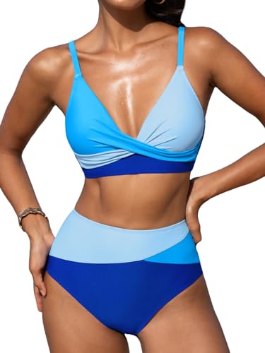 Image of CUPSHE Women's Bikini Sets Two Piece Swimsuit High Waisted V Neck Twist Front Adjustable Spaghetti Straps Bathing Suit