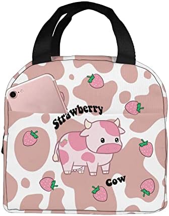 EVESKY Strawberry Cow Lunch Box Reusable Lunch Bag Cartoon Pink Tote Bag With Front Pocket For Women/Men Work School Girl Boy Picnic Travel