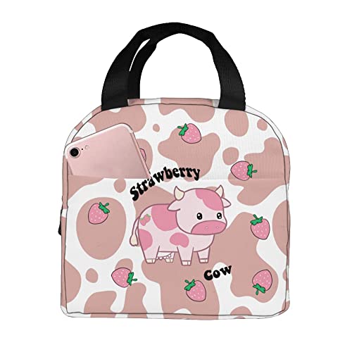 Evesky Strawberry Cow Lunch Box Reusable Lunch Bag Cartoon Pink Tote Bag With Front Pocket For Women/Men Work School Girl Boy Picnic Travel #TOP3