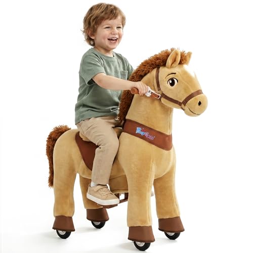 PonyCycle Kids Ride on Horse Toys Plush Interactive Riding Horse Ride for Toddlers 3-4 Walking Rocking Horse with Wheels No Battery Required Giddy up Riding Toys Light Brown E336