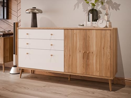 Cassettiera HARLLSON EasyKlix 160 Decoro Legno: Rovere Mauvella con Credenza con 2 Cassetti e 3 Ante Scandinavo Stile Retro Gambe Alte in Legno 160x86x41 cm bianco