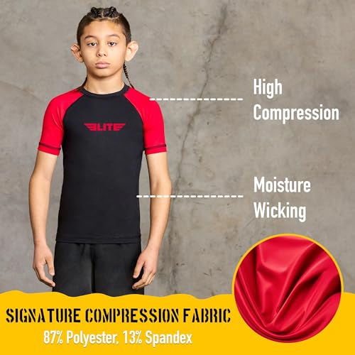 Image of Elite Sports Kids Jiu Jitsu BJJ Rash Guard, Short Half Sleeve Compression Shirt for Youth Boys Girls Sports Nogi Training