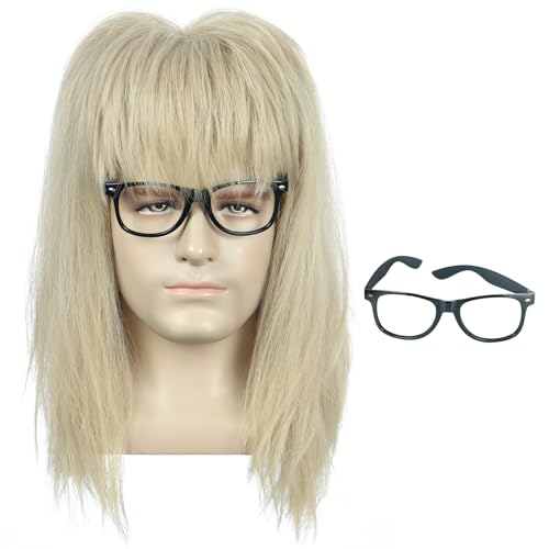 yuehong Adult Long Wave Blonde Mullet Wig Movie Funny Cosplay Costume Hair Heat Resistant Synthetic Fibers Fluffy Breathable Wig With Black Glasses