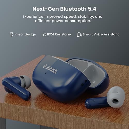 Image of AROMA TWS5 Orbit V5.4 True Wireless Earbuds - Matte Blue & Grey | Up to 55H Playtime, ENC, Fast Charging, Heavy Bass, Bluetooth