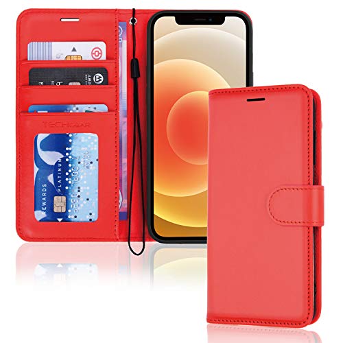 TECHGEAR Étui iPhone 12/12 Pro Portefeuille - Housse en Cuir PU Rouge Avec Rabat de Protection, Fentes pour Cartes, Béquille et Dragonne - Compatible 6.1