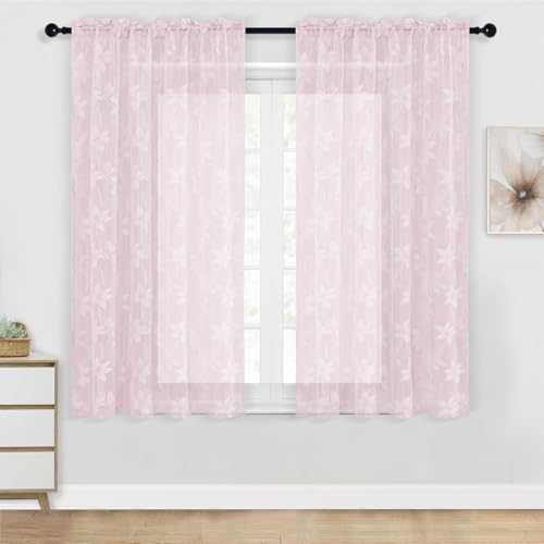 DWCN Floral Lace Sheer Curtains - 63 inches Short Rod Pocket Window Voile Sheer Drapes for Girls Bedroom Kitchen Small Sindow Short Curtains 52 x 63 inch Length, Set of 2 Curtain Panels, Sakura Pink
