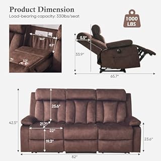 RIHEREFY Power Reclining Sofa with Heat&Massage, Reclining Couch with Multi-Function Console/USB Ports/Type C, Wall Hugger 3 Seater-Sofa Recliner, Reclining Sofa Couch for Living Room