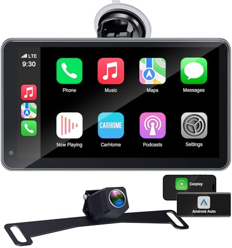Portable Carplay Screen with Backup Camera - Plug-Play 7-inch HD 1080P Car Touchscreen Supports Both Apple CarPlay & Android Auto - No Dashboard Removal GPS Navigation Voice Control Bluetooth