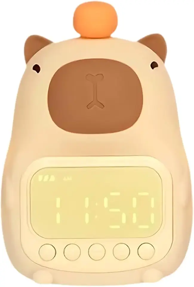 Relógio Despertador Digital LED em Formato de Capivara com Luz Noturna, Recarregável USB-C e Indicador de Bateria