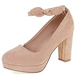 Lizoleor Mujer Punta Redonda Prom Vestido Tacón Ancho Mary Jane Correa De Tobillo Pump Bows Chunky Tacón Alto Boda Plataforma Pump Beige Talla 33 EU