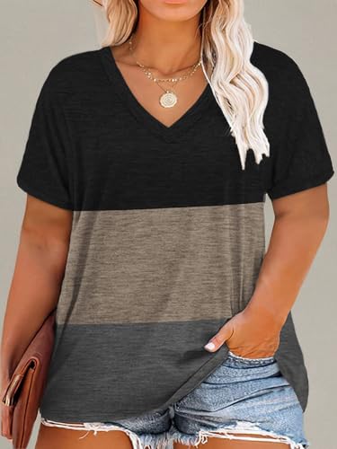 Image of DOLNINE Plus-Size Tops for Women Casual Short Sleeve Color Block T-Shirts