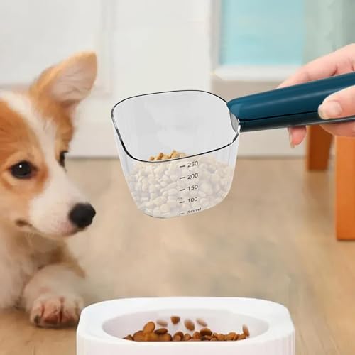 Hundefutter Messbecher mit Skala, genaues Haustierfutter-Schaufel mit Hundefutterbeutelklammern, multifunktionaler Bauchmuskulaturlöffel für Innenräume, Fahrt im Freien, blaue Haustierfutter Scoop