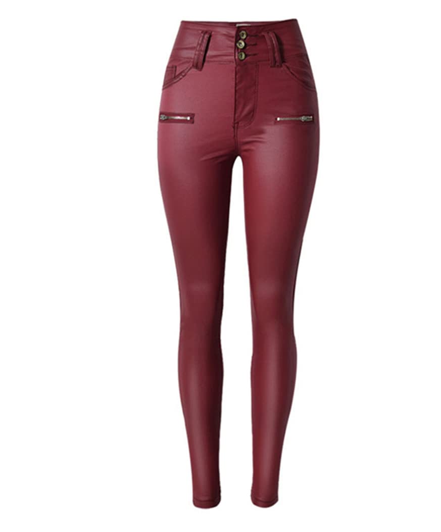 Dninmim Pantaloni da donna skinny a vita alta slim in pelle PU primavera autunno vino rosso pelle, come da immagine, L