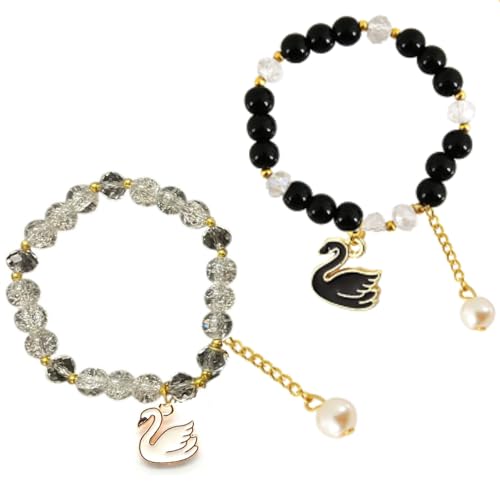 Keeper Lost Cities Merch Black & White Swan Bracelet Set, KeeperOTC Stretchable Elastic Bands with Glass Beads with black and white swan charms