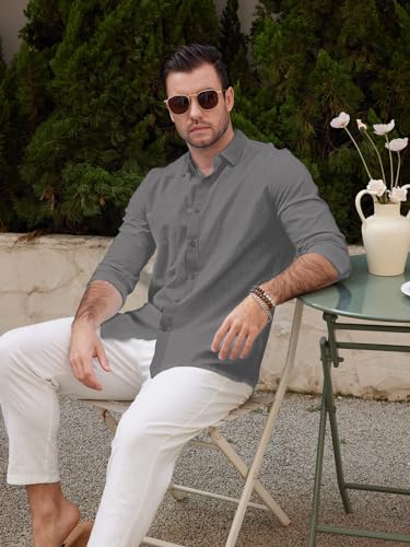 Friptspyg Leinenhemd Herren Hemd Langarm Baumwolle Leinen Hemden Button-Down Freizeithemden Casual Regular Fit Sommerhemd, Dunkelgrau L 2