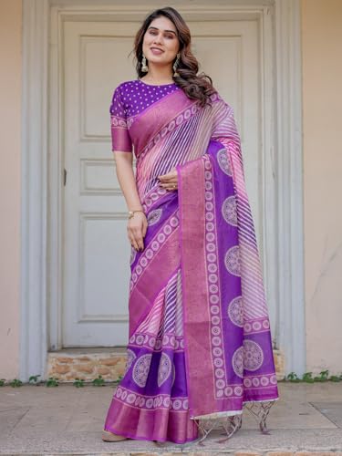 Image of ALMAARI FASHION Floral Printed Cotton Saree for Women with Handloom Zari Weave, Traditional Lightweight Ethnic Saree for Wedding Festive Office Party with Blouse Piece (LINEN 81-90 SH)