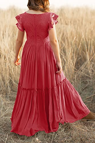 Image of MITILLY Girls Lace Flower Ruffle Sleeve A-Line Swing Wedding Party Long Maxi Dress with Pockets 12-13 Years Red