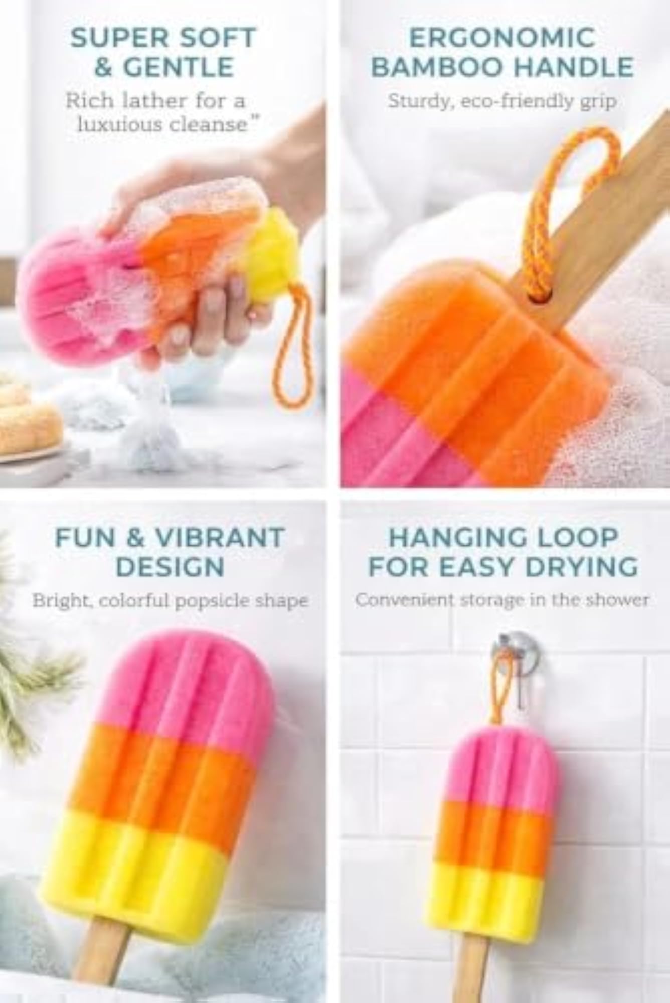 Ice Cream Bath Sponge with Wooden Handle, Soft Exfoliating Scrubber