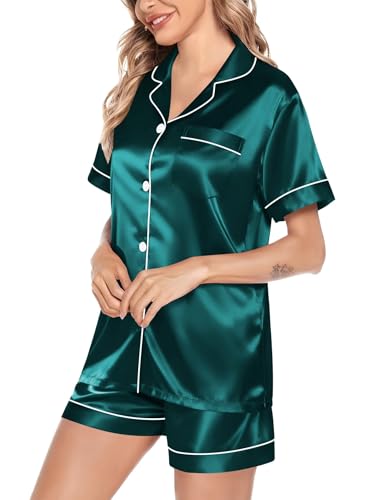 Image of SWOMOG Satin Matching Pajamas Sets Couple Silk Button Down Nightwear Women & Men Short Sleeve Sleepwear 2 Pieces Loungewear