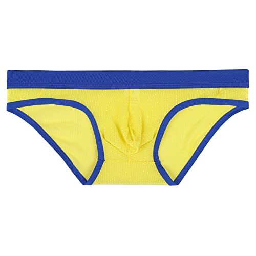 Men Shiny Mesh Bikini Briefs See Through Hollow Supporter Bulge Pouch Lightweight Underwear Sexy Enhancing Fashion Thongs Yellow3