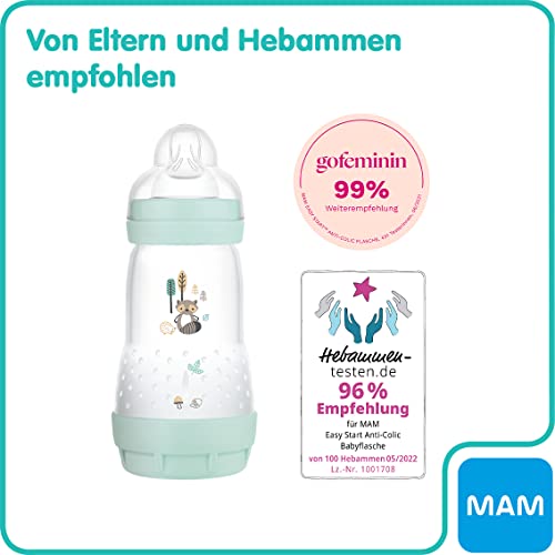 MAM Easy Start Anti-Colic Elements Babyflasche im 2er-Set (260 ml), Milchflasche für die Kombination mit dem Stillen, Baby Trinkflasche mit Bodenventil gegen Koliken, 0+ Monate, Fuchs/Waschbär – Bild 4