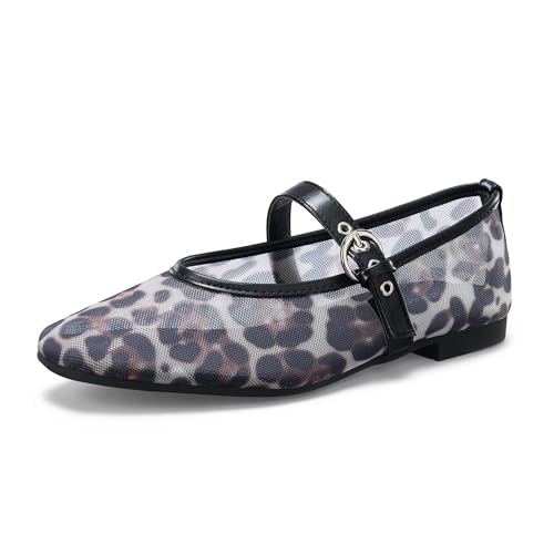 Image of Leopard Flats for Women Mesh Ballet Flats Mary Jane Animal Print Shoes Slip On Casual Breathable Ballerina Flats