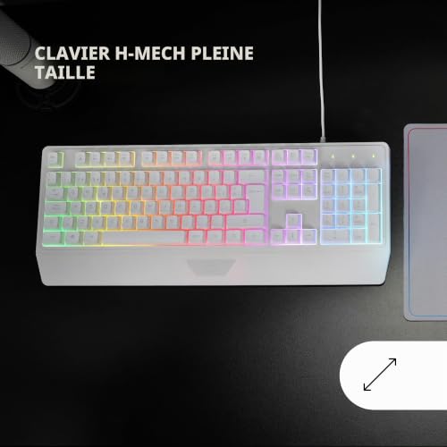 Mars Gaming MK124, Langue Espagnol, Clavier Ergonomique H-Mech, Repose-Poignets Intégré, Éclairage FRGB Rainbow, Gaming Antighosting Avancé, Multiplateforme, Blanc