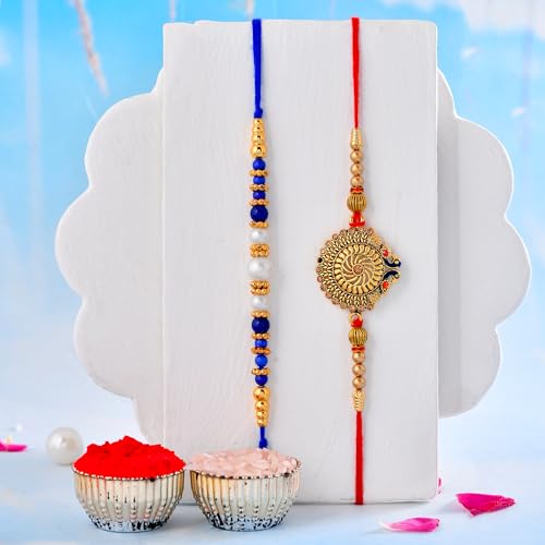 Image of CraftVatika Premium Rakhi Gift Brother | Rakhi for Brother with Gift Silver Gold Plated Bowl Set | Handmade Beads Metal Peacock for Men Boy Bro /Bhaiya /Bhai (2 Rakhi with Double Bowl) (Silver Gold)