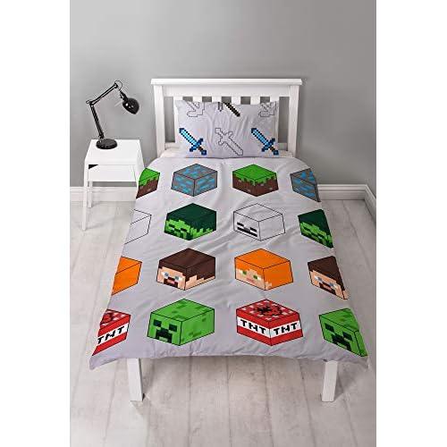 Minecraft Pixel edredón para Cama Individual, diseño Reversible de Dos Caras y TNT con Funda de Almohada a Juego, poliéster, Color Verde