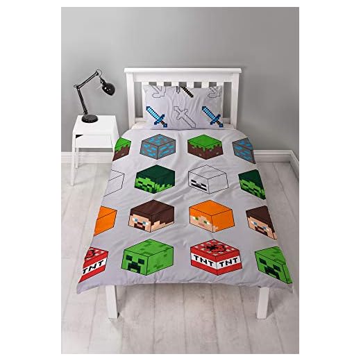 Minecraft Pixel edredón para Cama Individual, diseño Reversible de Dos Caras y TNT con Funda de Almohada a Juego, poliéster, Color Verde