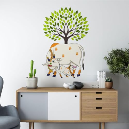 Image of Decal O Decal Green Tree and Kamadhenu Cow Feeding Its Calf Wall Sticker | Sacred Cow with Tree Wall Decor Self Adhesive Wall Sticker