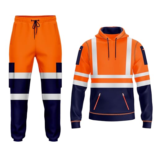 NOROZE Mens Hi Vis Reflective Workwear Fleece Hoodie Tracksuit Set Closed Hem Cuffed Trouser With Multiple Pockets Long Sleeves Hoodie Safety Top & Bottom Set (Orange L)