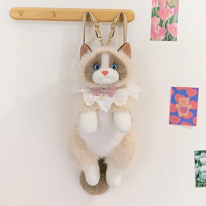 Image of Cute and Soft Stuffed Animal Backpack with Adjustable Straps White Cat Bag | Ragdoll Cat Plush Backpack - Fluffy Realistic Stuffed Animal Shoulder Bag with Elegant |(golden)