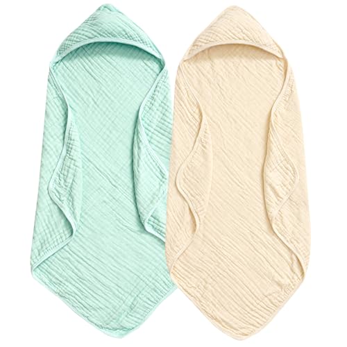 Image of PHF 2 Pack Baby Hooded Towels, 100% Muslin Cotton Baby Bath Towel with Hood for Newborn, Infant, Toddler, Ultra Soft and Absorbent Baby Essentials Bath Towels for Boys Girls, 32x32Inch, Beige & Green