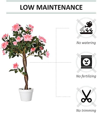 Outsunny 90cm/3FT Artificial Rose Tree Fake Decorative Plant w/ 21 Flowers Pot Indoor Outdoor Faux Decoration Home Office Décor Pink & Green