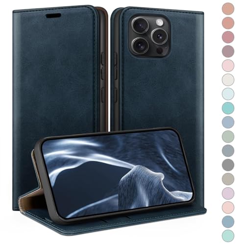 Coque iPhone 15 Pro bleu foncé étui portefeuille pour les déplacements