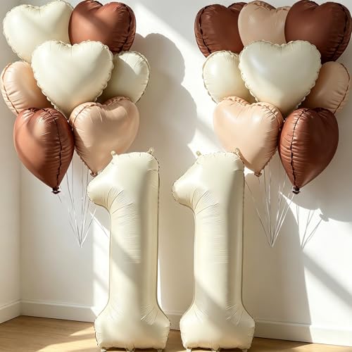 40 inch Cream Number 11th Balloons 17 Pcs Large Foil Helium Number Balloon with Neutral Cream Caramel Beige Brown Heart Balloons for the 11 Year Old Girl Boy 11th Birthday Party Decoration