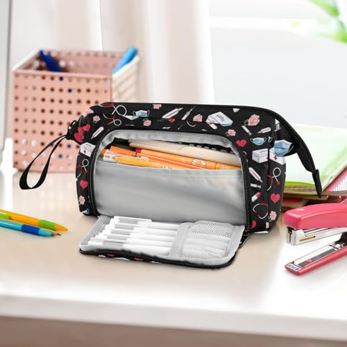 Image of Nurse Print Big Capacity Pencil Pen Case Large Pencil Pouch | Portable Multi Compartment Zipper Pencil Bags Stationery Storage for Men Women College Office