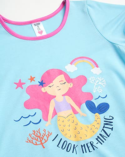 Sleep & Co Girls' Nightgown - 3 Piece Short Sleeve Sleep Shirt Sleepover Pajamas For Girls - Kids Sleepwear Set  (10-16), Size 10-12, Mer-Mazing/Rainbows #TOP2