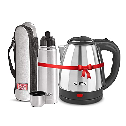 Image of Milton Euroline Combo Set Go Electro Stainless Steel Electric Kettle, 1.5 Litres, Silver and Flip Lid Thermosteel Hot or Cold Stainless Steel Water Bottle with Jacket, 750 ml, Silver