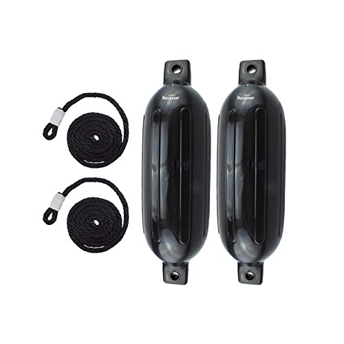 Norestar 5.5 Inch by 20 Inch Ribbed Boat Fenders Two Pack with Two Fender Lines, Black