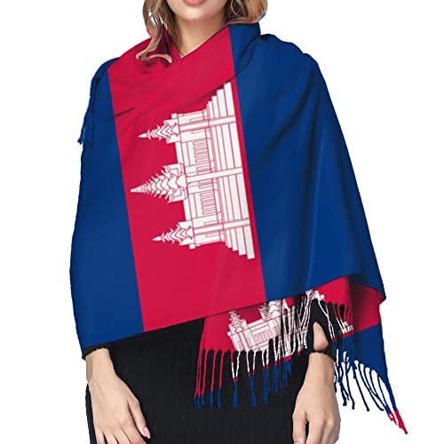 cambodian-flag Womens Winter Scarf Cashmere Feel Shawl Wrap Soft Warm Blanket Scarves Fringe Scarf4
