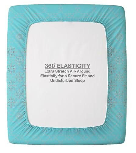 Image of Welspun ENZO Queen Size Fitted Bedsheet with 2 Pillow Covers | 360 Elastic | 100% Pure Cotton | 60 x 78 Inches | Soft, Breathable, Lightweight & Easy Care | Light Blue
